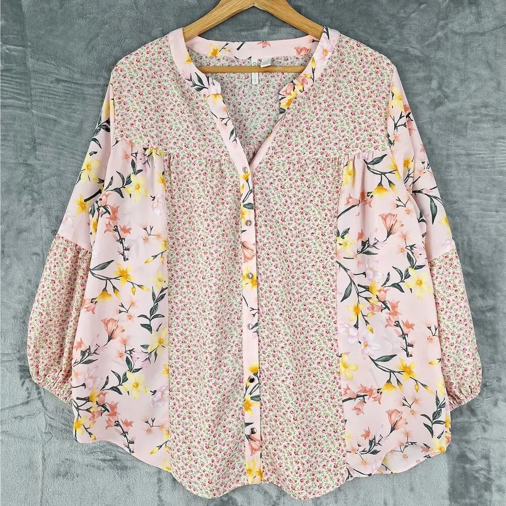 Womens Top 14/16W Pink Boho Romantic Floral Feminine Patchwork Bloomcore Button - Picture 1 of 7